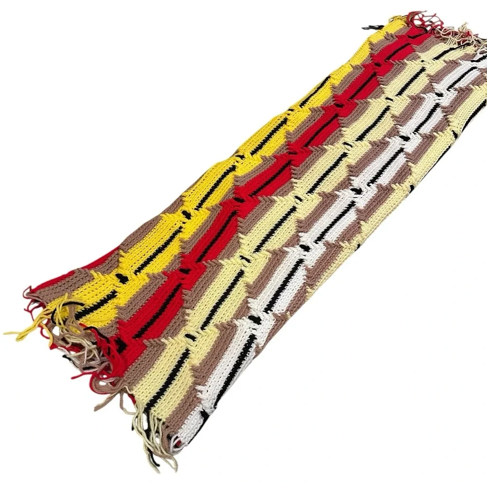 Vtg Crochet Afghan Red Black Brown White Blanket Throw Fringe Southwestern 60x44
